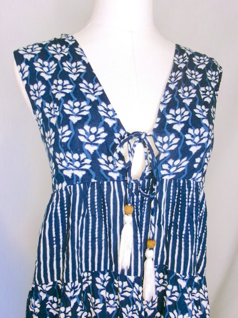 Goa Beachwear Japna Blue White Boho Floral Tassel Tie Tunic Top Size XS
